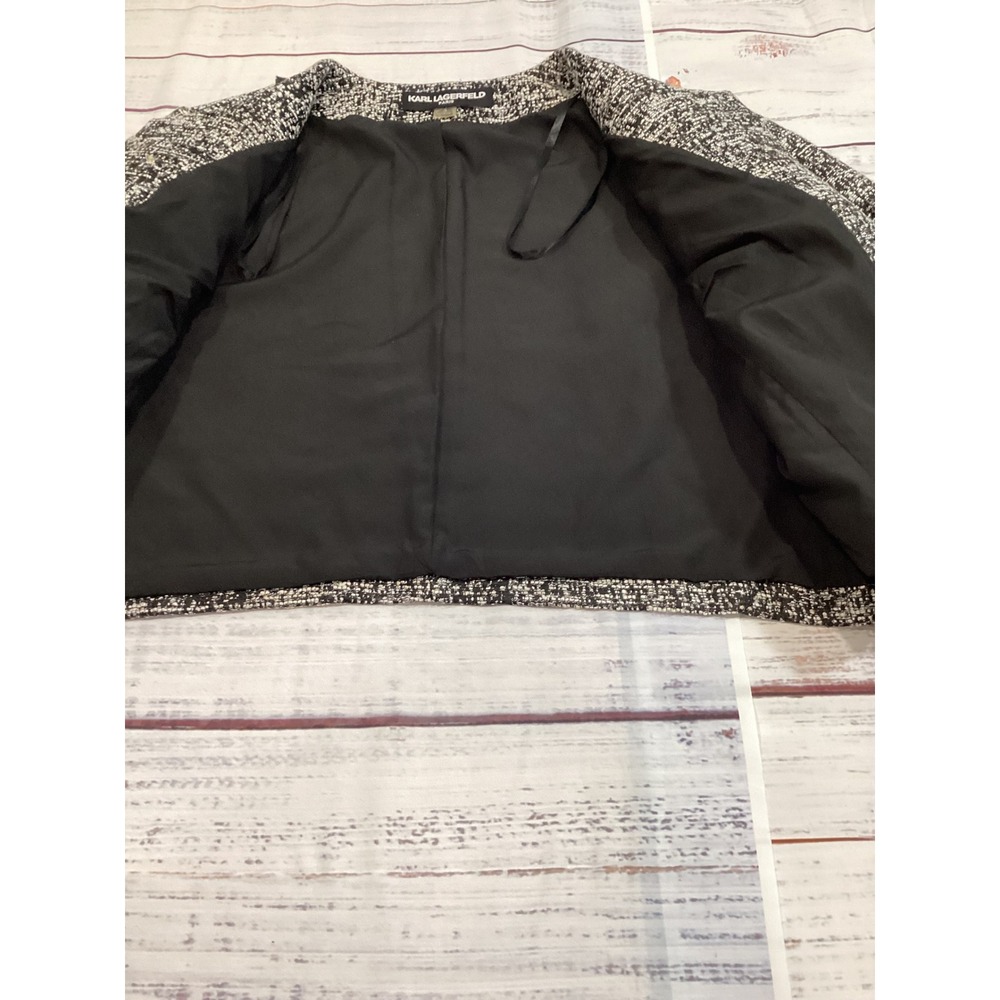 Karl‎ Lagerfeld Paris Black White Tweed Cropped Fringe Jacket XL Open Front - Picture 4 of 9